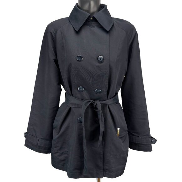LONDON FOG VTG Classic Short Twill Trench Coat Belted Midnight Blue Black sz 8 - Picture 1 of 11